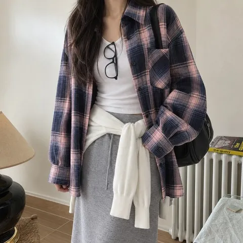 데일리앤 루븐 여성 루즈핏 옴브레 체크 셔츠 가을 빅사이즈 롱 체크남방