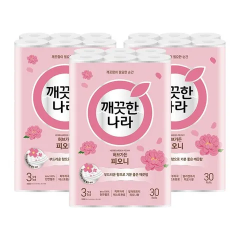 [소소한잡화점]깨끗한나라 허브가든 피오니 프리미엄 화장지(3겹) 30롤 x 3팩, 30개입, 3개