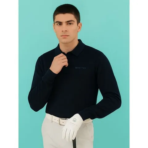베네통 골프 남성 카라 레터링 로고 니트 블랙