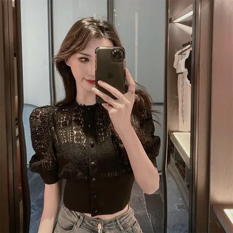 VEZRI 여성용 봄여름 레이스 블라우스 반소매 티셔츠 크롭 상의