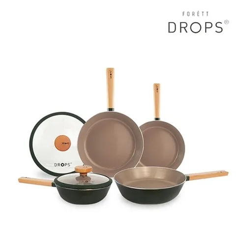 드롭스(포레) IH 그린 프라이팬 6종 세트 (프라이팬4개 + 유리뚜껑 2개)