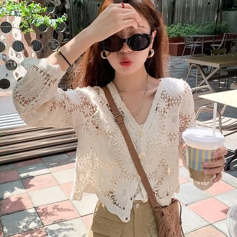 루엔나 여성 데이지 레이스 꽃무늬 휴가 자수 니트 데일리 가디건 블라우스