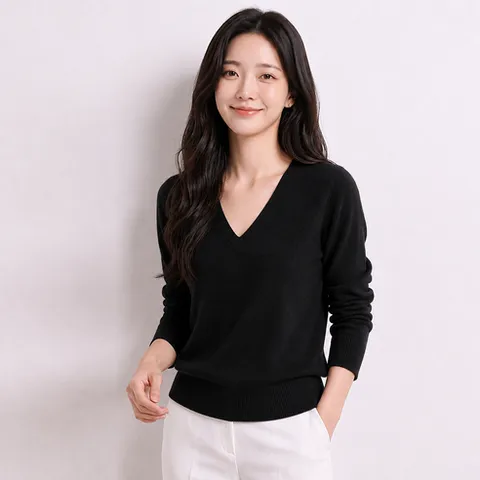 미사813여성부드러운 모달브이넥베이직 무지 긴팔니트티셔츠