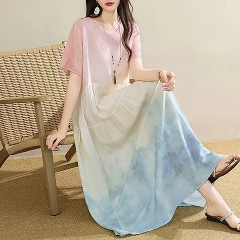 ROYALBELLE 여성 인견 그라데이션 프린트 티어드 루즈핏 반팔 롱 원피스