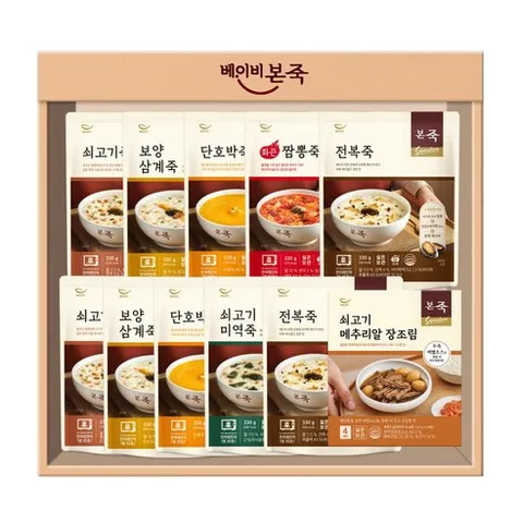 본죽 선물세트 5호(죽 330g 6종 10팩+쇠고기메추리알장조림 1박스), 10세트