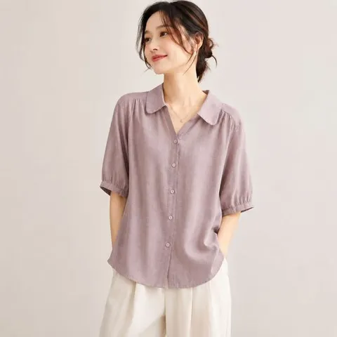 여름 여성 린넨 반팔 셔츠 루즈핏 체형커버 면마 블라우스