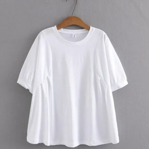 아웃사이즈 C213015 빅사이즈 무지 플레어 A라인 벌룬 퍼프 반팔 티셔츠