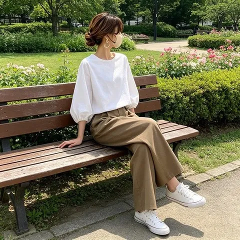 슬림소녀 여성 봄 여름 투피스 세트 라운드 긴팔 셔츠 데일리 캐주얼 와이드 팬츠 세트