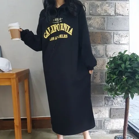 상상그이상 여성용 국내제작 데일리 마실룩 레터링 양트임 오버핏 후드 롱원피스 꾸안꾸룩 집순이룩