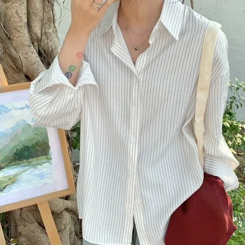 허블리 여성 루즈핏 스트라이프 롤업 린넨 긴팔 셔츠