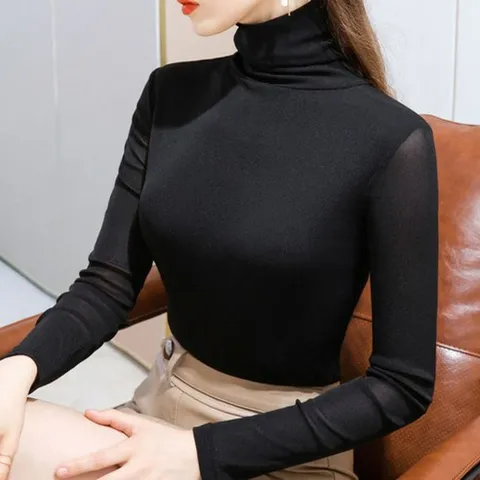 여성 망사 시스루 티셔츠 슬림 폴라넥 긴팔 티셔츠 슬림소녀 Women's T-shirt