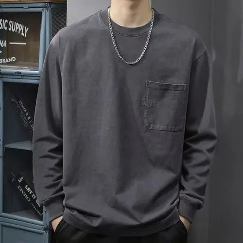 ORZQU남자봄가을 캐주얼 라운드긴팔맨투맨 솔리드 베이직 티셔츠