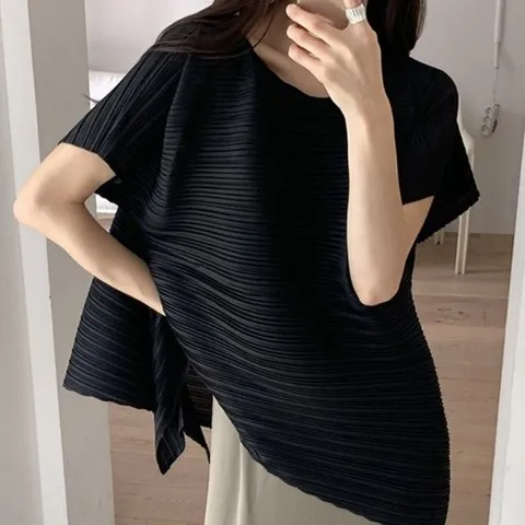 루어스룸 프닌 여성 사선 언발 플리츠 주름 반팔 블라우스 티셔츠