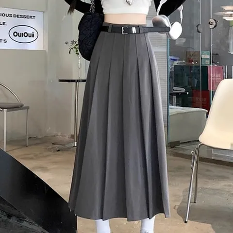 YioYcc 여성 치마 캐주얼 A라인 롱스커트 플리츠스커트