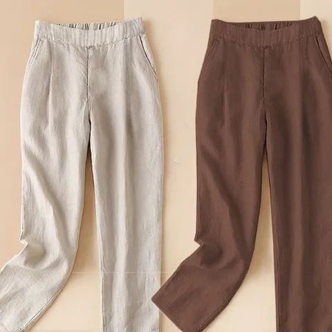 1+1 중년여성 여름 면 마 배기 팬츠 데일리 솔리드 얇은 린넨 와이드 팬츠 허리밴딩 엄마바지 슬림핏 린넨팬츠
