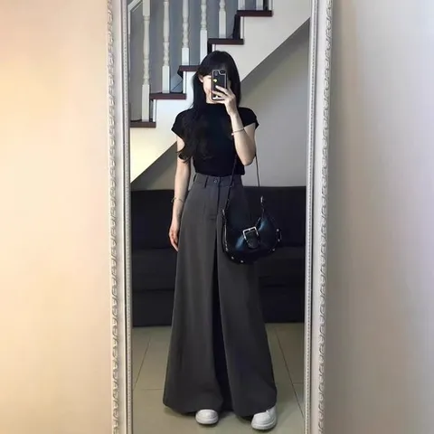 YioYcc 여성정장 데일리룩 와이드 팬츠 정장 상하 두 벌