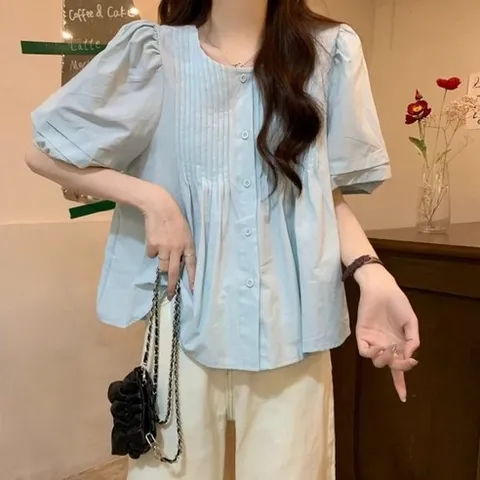 COSYEVNO 여성 반팔 블라우스 버튼 라운드넥 핀턱 디테일 루즈핏 LFHcs-3