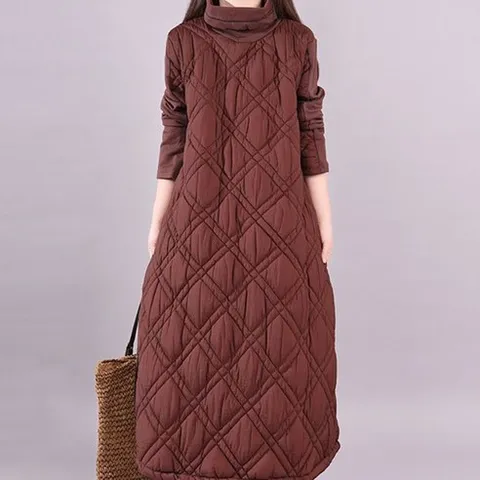 ROYALBELLE 여성용 폴라 보온 퀼트 롱 패딩원피스 루즈핏 심플 캐주얼 원피스 K0110515
