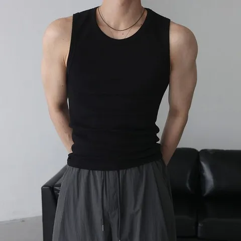 베이직바이블 남자 골지 나시 민소매 고탄력 스판 머슬핏 짐웨어 탄탄한 티셔츠