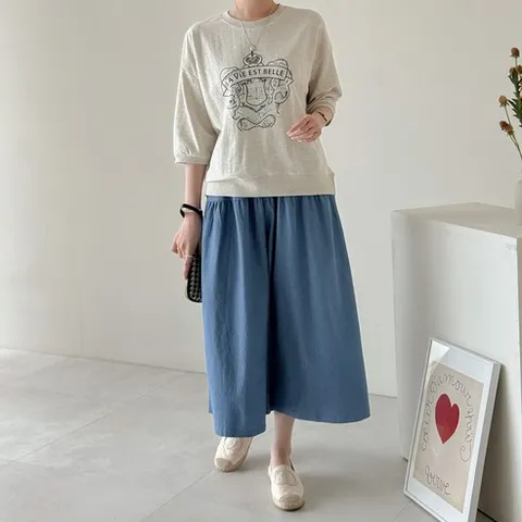 데일리앤 에딘 청 치마바지 밴딩 셔링 여성 7부 와이드 데님 팬츠 봄 여름 가을