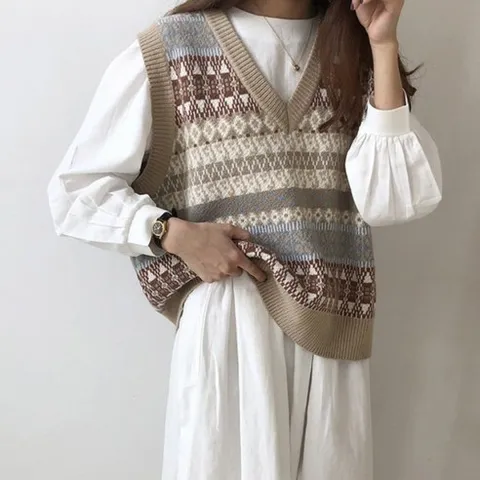 토토스토어21 여성 패턴 브이넥 베스트 니트 조끼 간절기 레이어드
