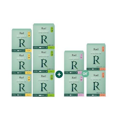 [카드 5%할인](싱글구성) 라엘 유기농 순면커버 생리대(중형3팩+대형3팩+오버나이트/소형 선택(2팩))