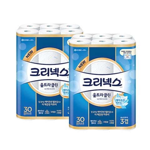 크리넥스 3겹 NEW 울트라클린 화장지 27M 30롤X2팩