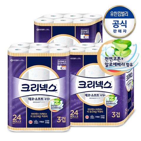 크리넥스 3겹 천연펄프 데코&소프트 수딩플러스 27M-24롤X3팩 