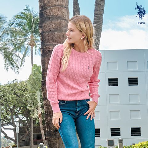 [단품][U.S. POLO ASSN.] USPA 여성 코튼100 케이블 라운드니트 단품 (네이비/멜란지핑크)