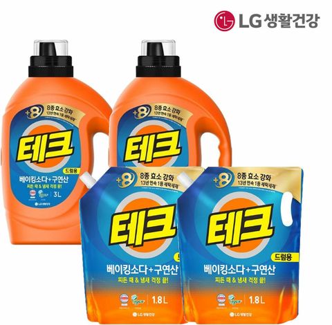 [삼성카드5%할인]LG생활건강 테크 베이킹소다+구연산 액체세제(드럼) 용기 3L*2개 +1.8L*2개
