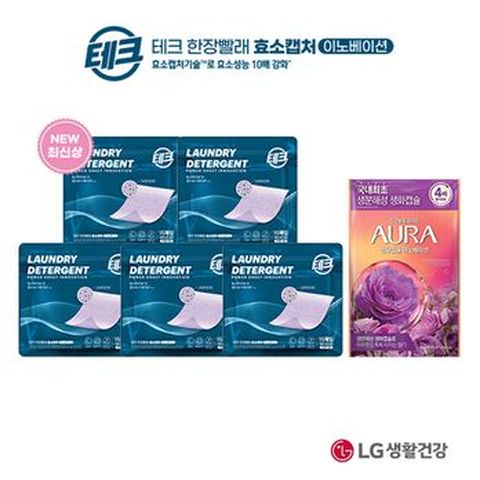 테크 한장빨래 효소캡처 라벤더 15매X5팩+아우라 생화캡슐 리필 680ml 자스민 머스크