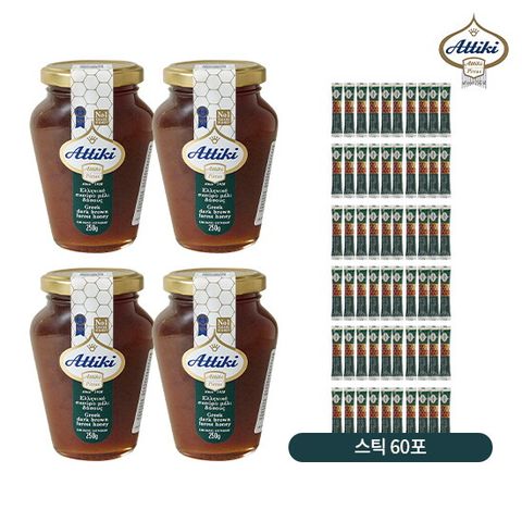 □[싱글] 아티키 그릭 다크 브라운 포레스트 허니 4병+ 스틱60개(250g*4병+8g*30개*2박스 ,총 1,480g)