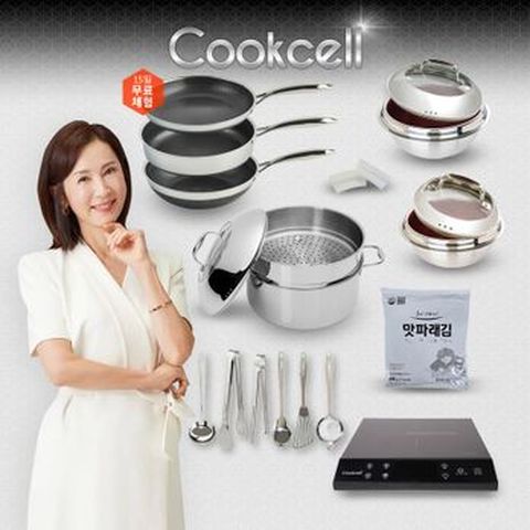 전인화의 쿡셀 세라믹 더블 블랙큐브 프라이팬X2+9L곰솥+레드가마솥세트(16cm+22cm)+28cm궁중팬+키친툴 6종+손잡이2종+맛파래김+쿡셀 NEW 인덕션