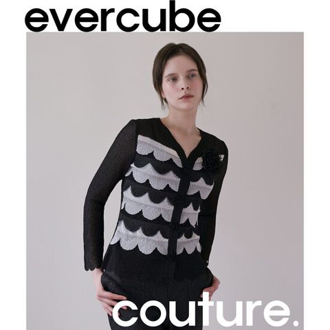 [Evercube Couture] G플리츠 배색 가디건+아플리케