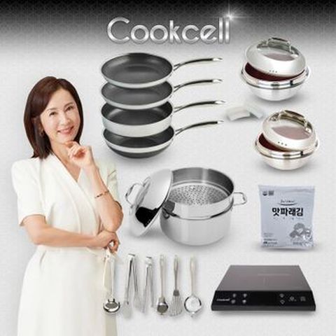 전인화의 쿡셀 세라믹 더블 블랙큐브 프라이팬X2+9L곰솥+레드가마솥세트(16cm+22cm)+28cm궁중팬+28cm프라이팬+키친툴 6종+손잡이2종+맛파래김+쿡셀 NEW 인덕션