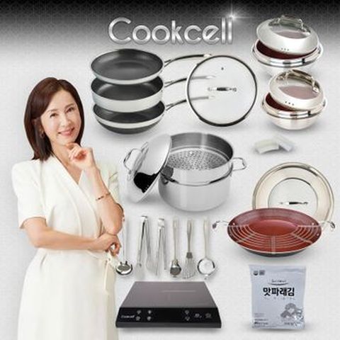 전인화의 쿡셀 세라믹 더블 블랙큐브 프라이팬X2+9L곰솥+28cm 유리뚜껑+레드가마솥세트(16cm+22cm)+28cm궁중팬+키친툴 6종+손잡이2종+맛파래김+36 레드 양수구이팬+쿡셀 NEW 인덕션