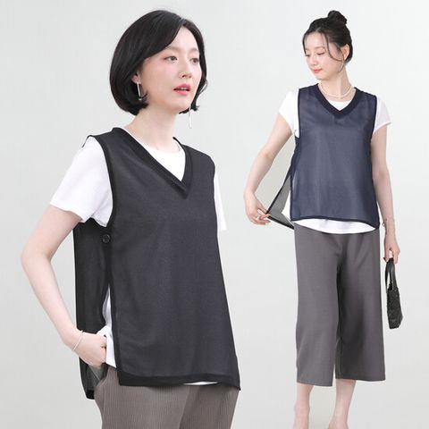 [애비뉴투지] 쉬폰 브이넥 뱃살커버 조끼(국내산)