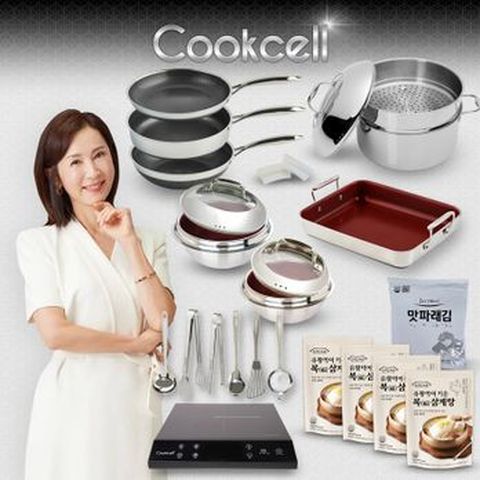 전인화의 쿡셀 세라믹 더블 블랙큐브 프라이팬X2+9L곰솥+레드가마솥세트(16cm+22cm)+28cm궁중팬+키친툴 6종+손잡이 2종+맛파래김+30cm사각멀티팬+NEW 인덕션+삼계탕 4팩