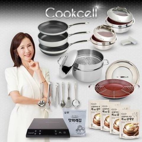 전인화의 쿡셀 세라믹 더블 블랙큐브 프라이팬X2+9L곰솥+레드가마솥세트(16cm+22cm)+28cm궁중팬+키친툴 6종+손잡이2종+맛파래김+36 레드 양수구이팬+쿡셀인덕션+삼계탕4팩