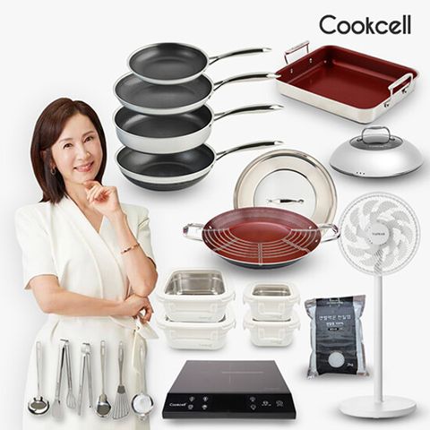 쿡셀 세라믹 블랙에디션 통3중 스텐팬 풀세트(팬6종+인덕션+선풍기+스텐용기+천일염)