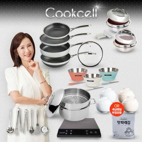 전인화의 쿡셀 세라믹 더블 블랙큐브 프라이팬X2+9L곰솥+레드가마솥세트(16cm+22cm)+28cm궁중팬+키친툴 6종+실리콘 손잡이2P+맛파래김+24프라이팬+밥공기4종+이중면기세트+쿡셀 NEW 인덕션