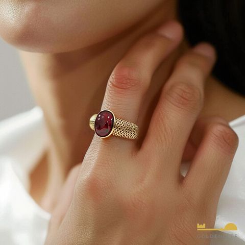 {골든클레프} 18K 볼륨 천연석 메쉬 반지