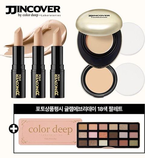 [25년 최신상 ]컬러딥 찐커버 스틱 3개+찐커버 팩트 본품 1개 + 리필1개 (포토 상품평시 글램 셰도우 팔레트 18색) 