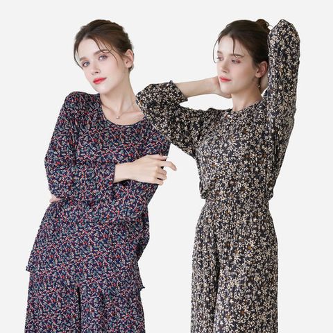 유아굿 여성 25FW 긴팔 긴바지 플라워 플리츠 셋업 4종