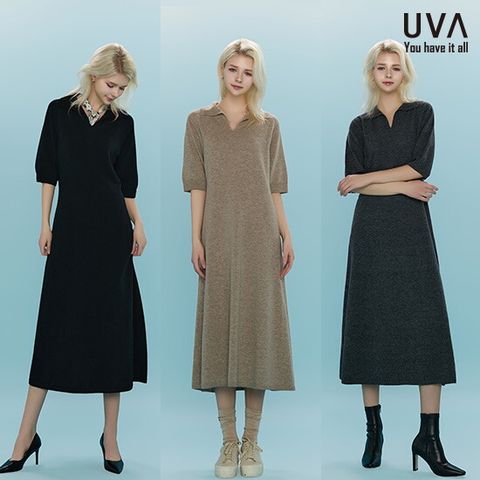 UVA 메리노울 블렌디드 홀가먼트 카라 니트 원피스
