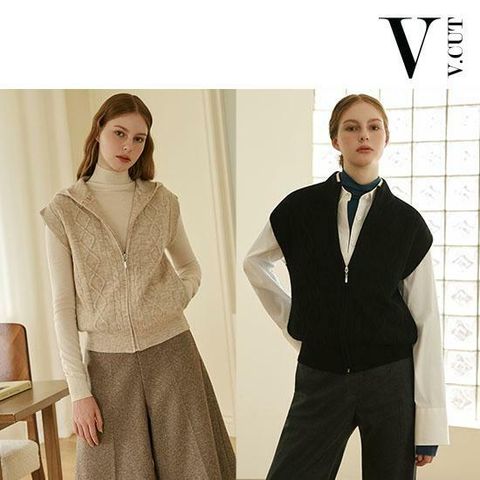 [삼성카드5%할인][25FW 최신상]브이컷 케이블 니트 집업 베스트 2종