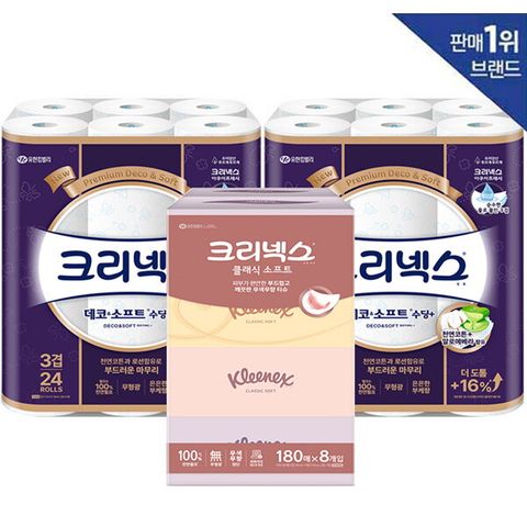☆방송특가☆ 3겹 데코&소프트 수딩플러스 27m-24롤 2팩+크리넥스 미용티슈 180매*8팩