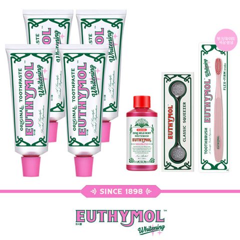 화이트닝 치약 120g 4개 + 칫솔 1개(색상랜덤) + 스퀴저 1개 + 제로 마일드 가글 90ml 1개