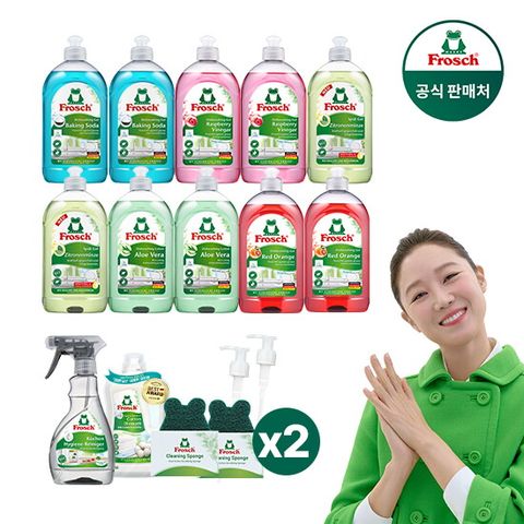 ★더블세트★ 독일직수입 주방세제 500ml*20통 + 키친 클리너 300ml*2통 + 수세미*4개 + 전용펌프*4개 + 섬유유연제 파우치 2장