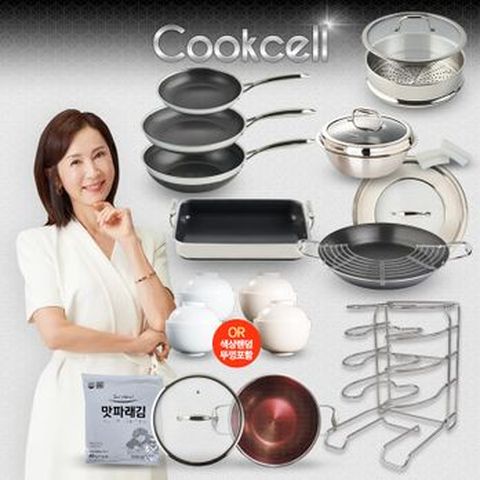 전인화의 쿡셀 세라믹 더블 블랙큐브 프라이팬세트(팬X3+36양수구이팬+가마솥22cm(뚜껑포함)+28cm유리뚜껑+30사각팬+28찜기+실리콘손잡이+팬거치대+24cm유리뚜껑+24파티웍+밥공기세트+맛파래김)